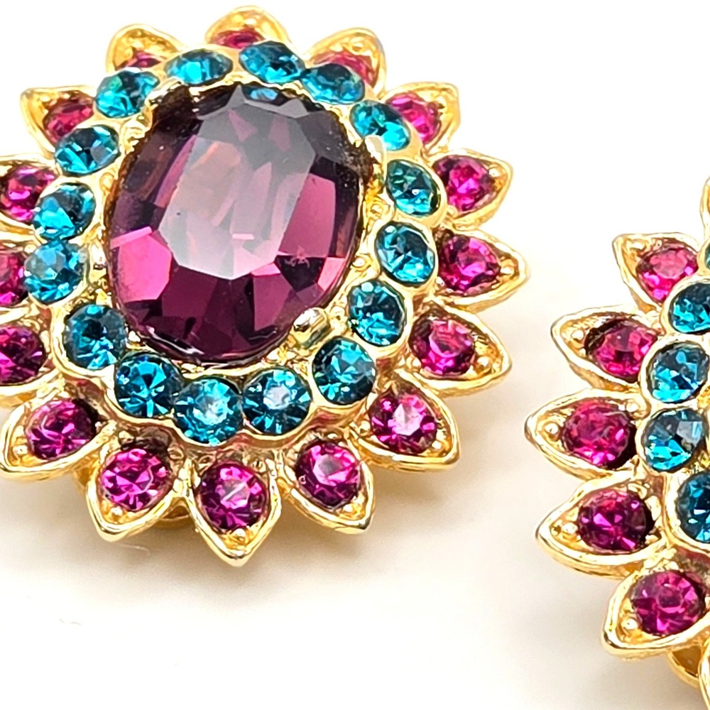 Vintage Gold Tone Purple Pink Blue Rhinestone Sunburst Clip On Earrings Floral